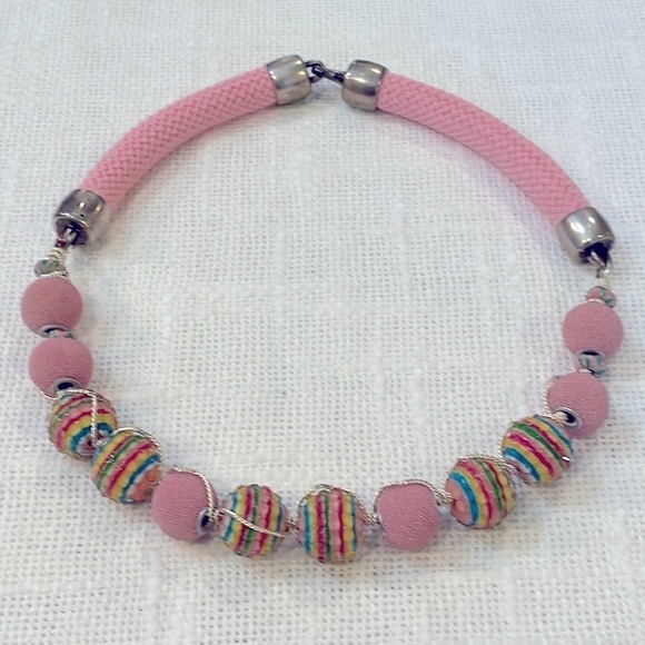 Light pink glass chunky bead large cord wire wrapped yellow green blue stripe - Picture 1 of 8